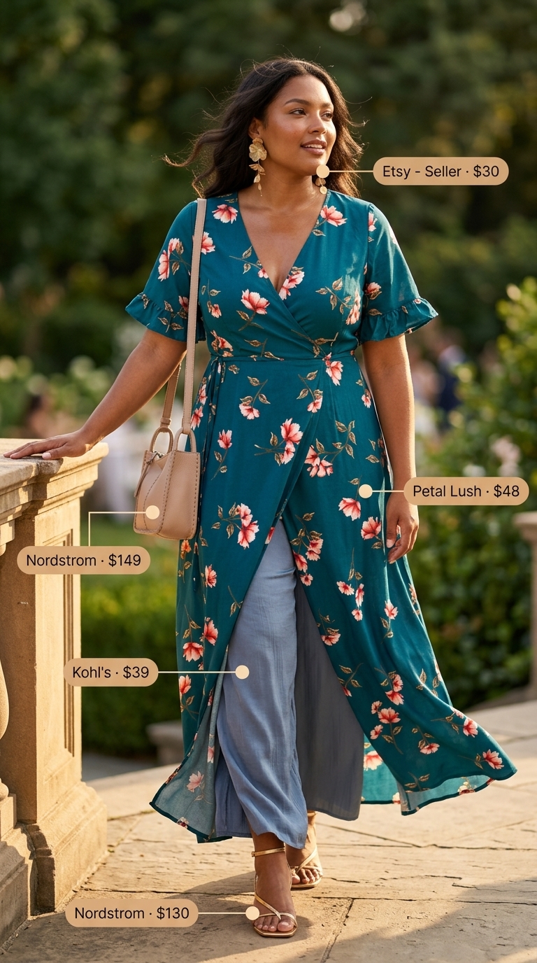 Flattering plus size summer outfit 2026: Teal floral maxi dress with gold heels & nude bag for vacation dinner.