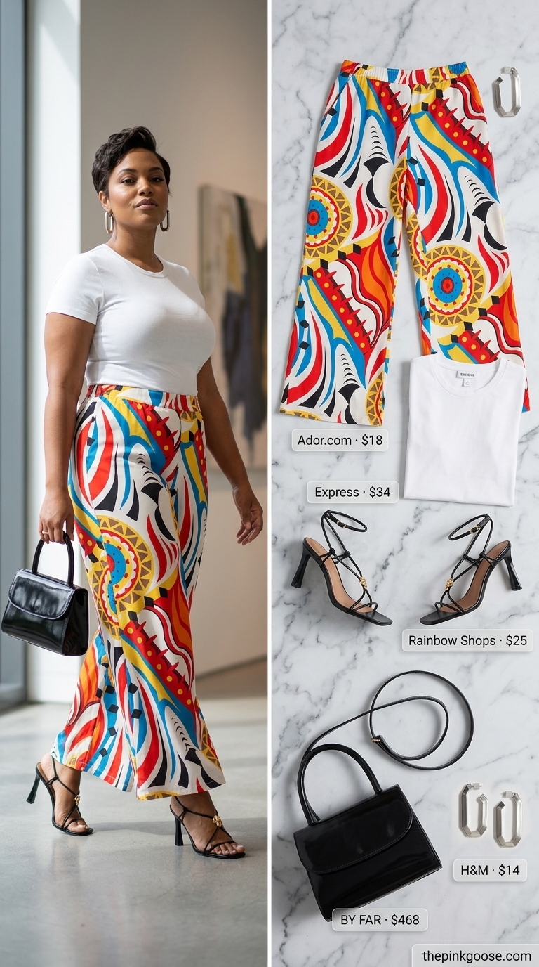 Flattering plus size summer outfit 2026: Bold geometric print wide-leg pants with white tee & black heels for art gallery.