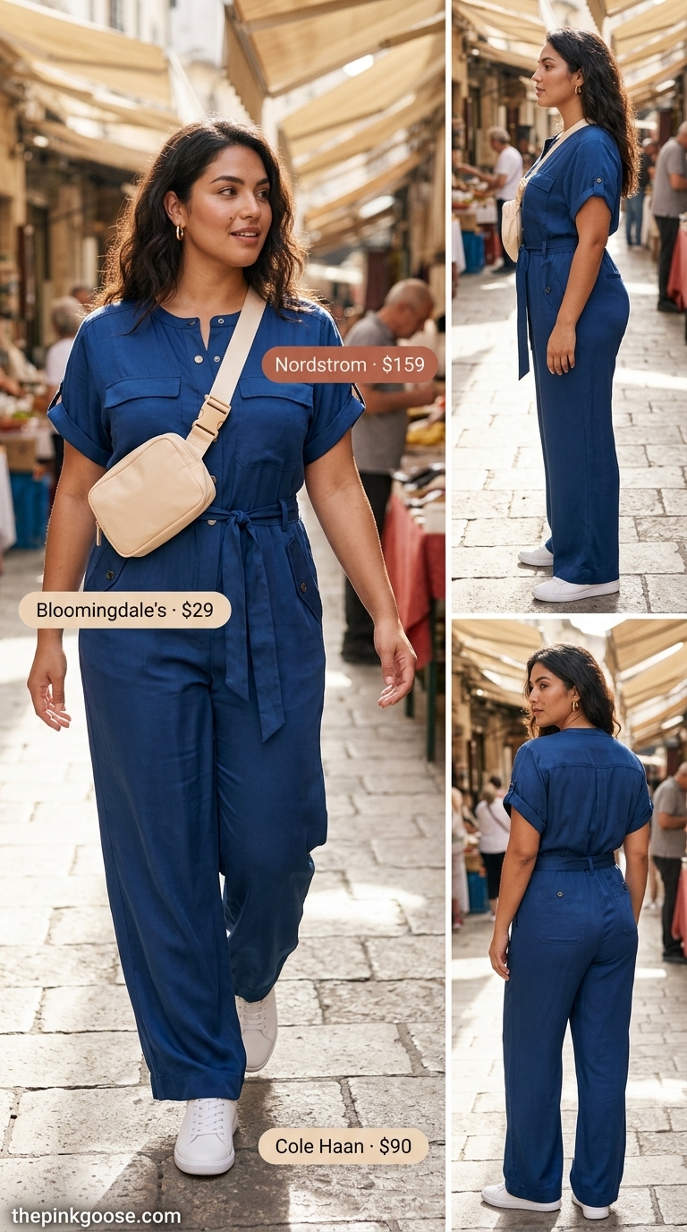 Flattering plus size summer outfit 2026: Navy wide-leg jumpsuit with gold hoops & white sneakers for casual outings.