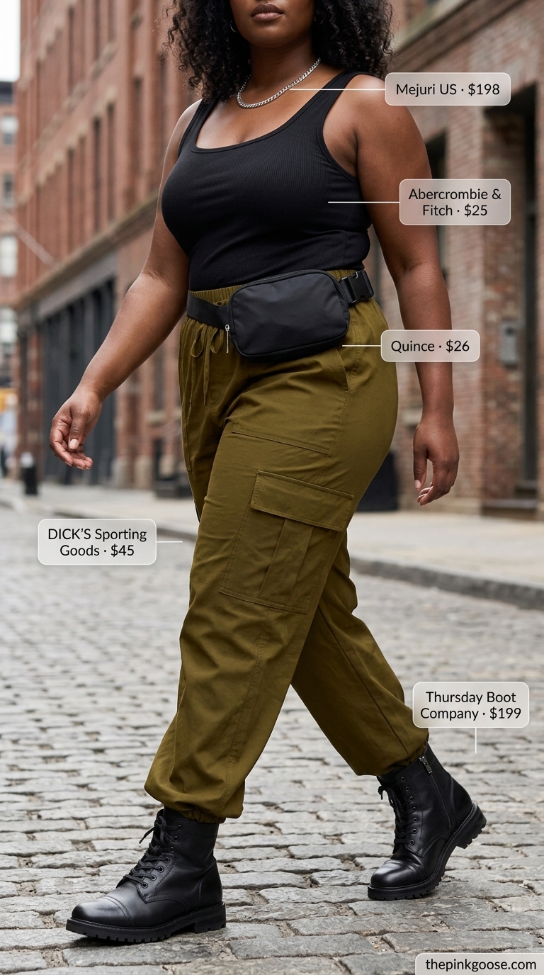 Flattering plus size summer outfit 2026: Olive green cargo pants with black tank & combat boots for casual day.