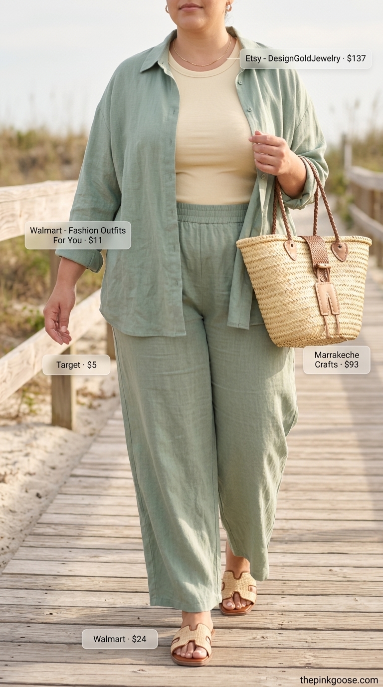 Flattering plus size summer outfit 2026: Sage green linen set with cream tank & straw tote for beach brunch.