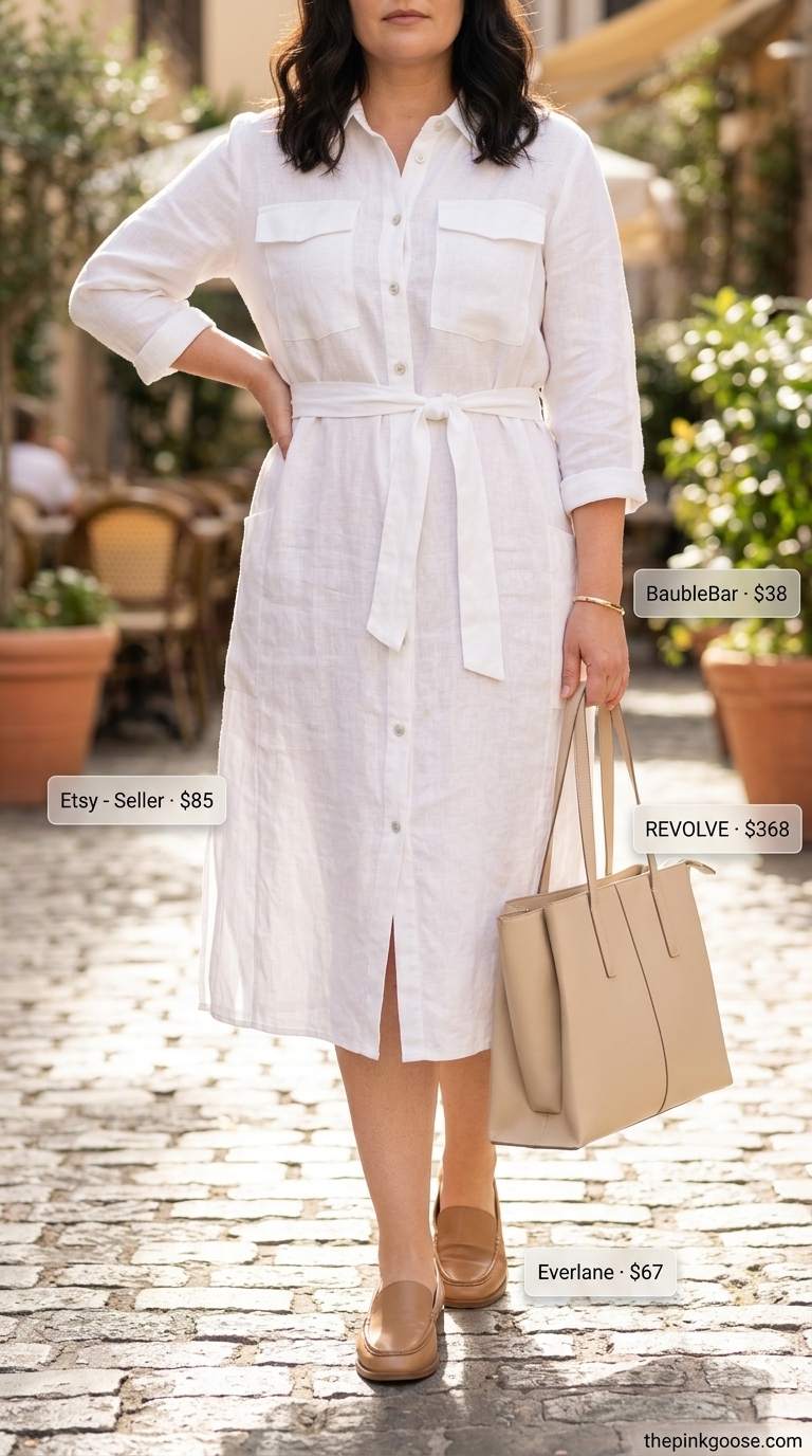Flattering plus size summer outfit 2026: White linen shirt dress with tan loafers & structured tote for resort wear.