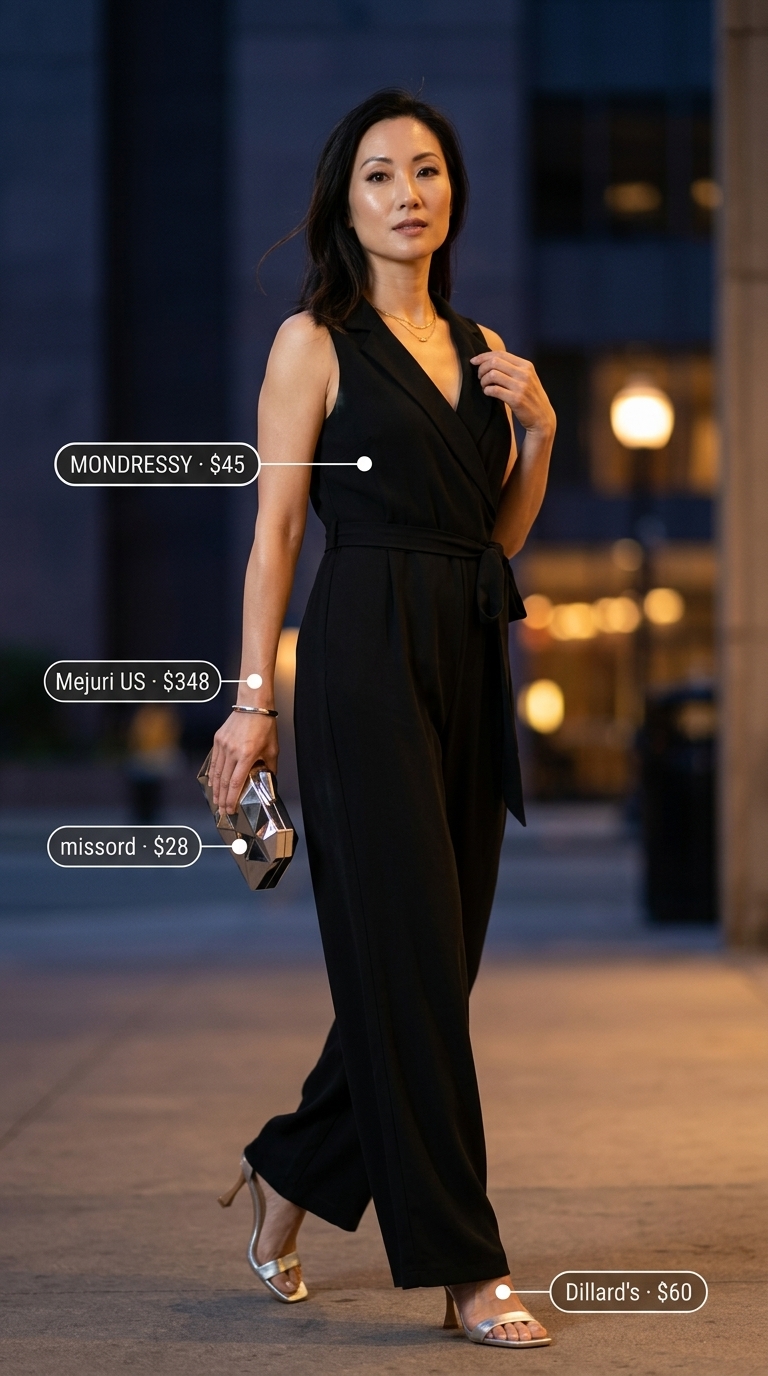 Flattering black V-neck jumpsuit with silver accessories for a chic summer evening outfit for women over 40 2026.