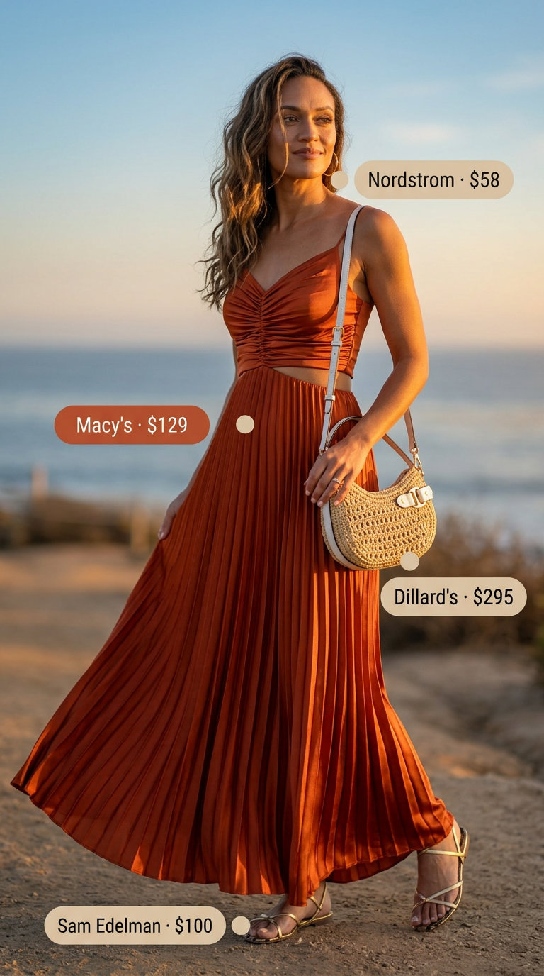 Flattering summer outfit for women over 40 2026: Coral maxi dress, gold sandals, straw bag for evening events.