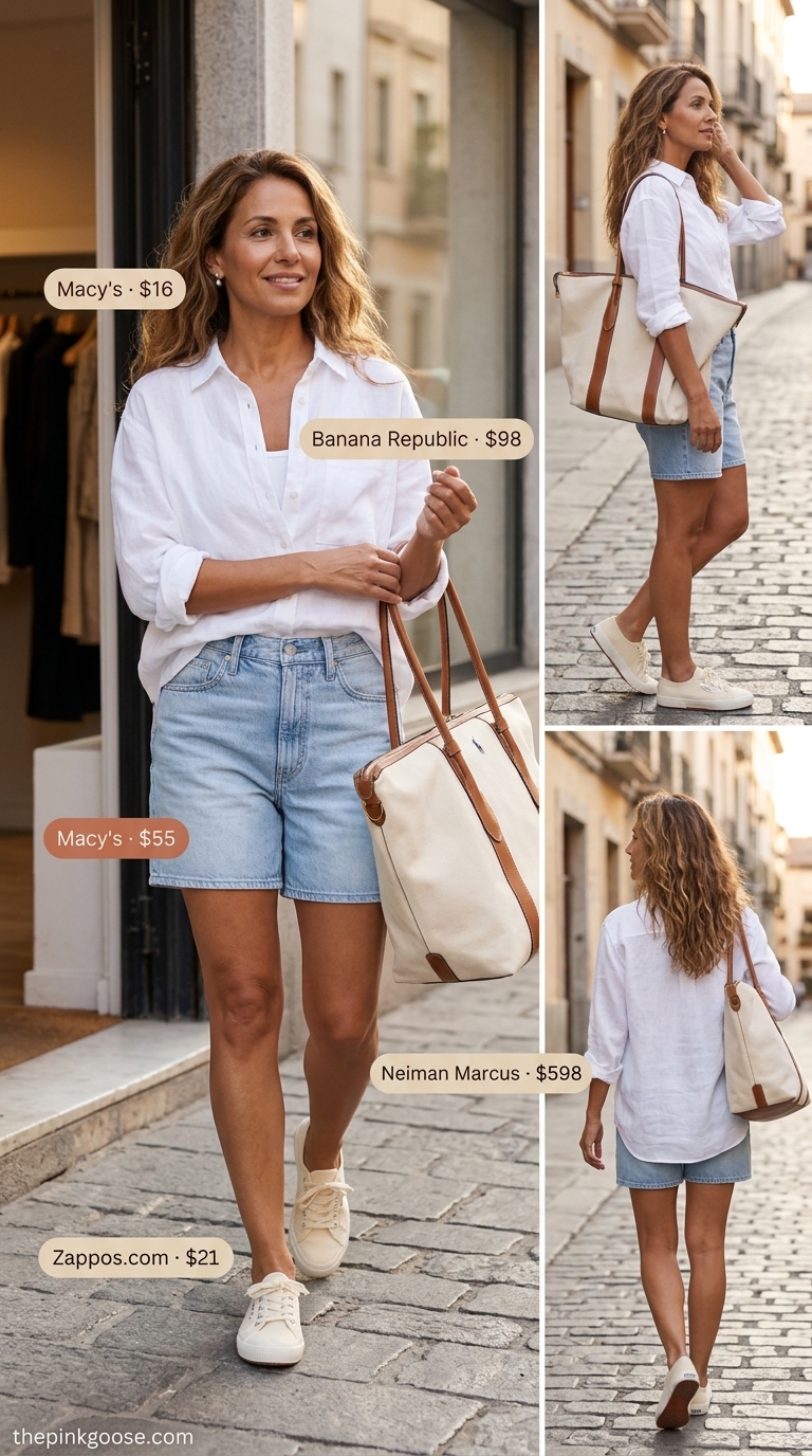 Flattering summer outfit for women over 40 2026: Denim shorts, oversized linen shirt, canvas sneakers for errands.