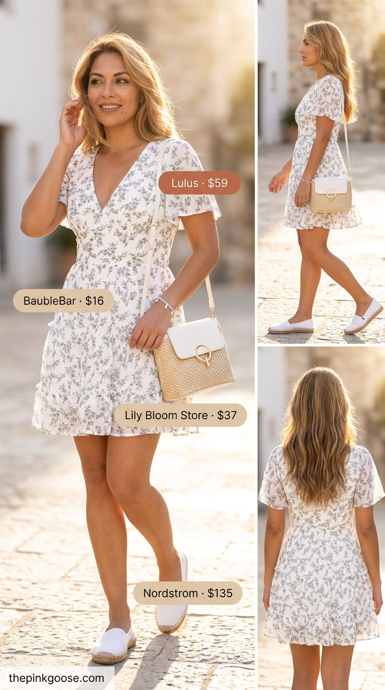 Flattering summer outfit for women over 40 2026: Floral mini dress, espadrilles, straw bag for sunny days.