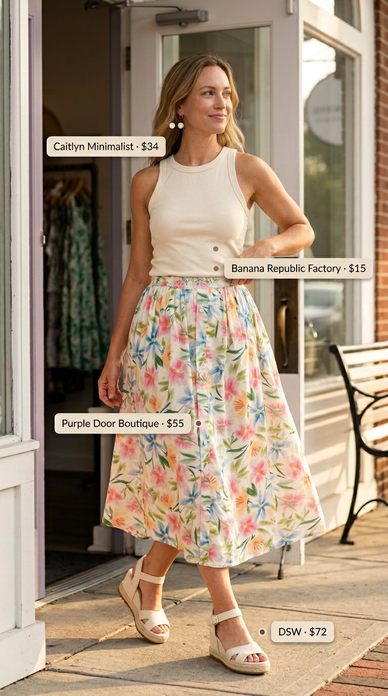 Floral midi skirt: feminine flattering summer outfit for women over 40 2026 for garden party.