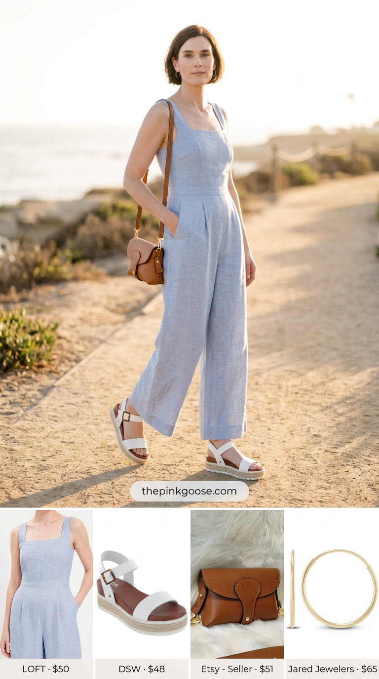 Flattering summer outfit for women over 40 2026: Light blue romper, platform espadrilles, gold hoops for vacation.