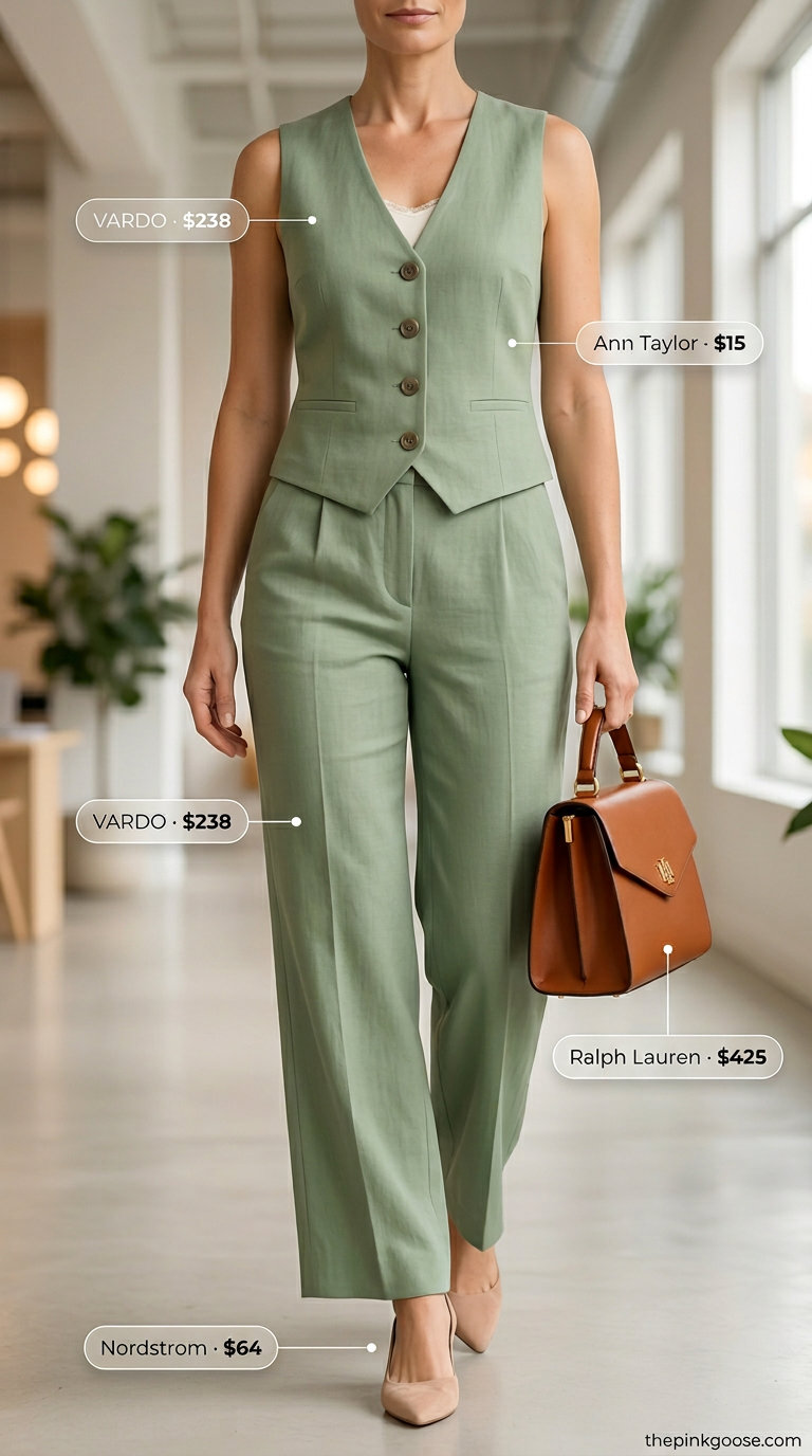 Sage green linen matching set: modern flattering summer outfit for women over 40 2026 for office.