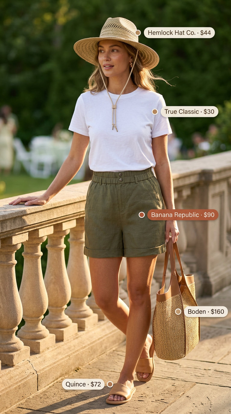 Olive green linen shorts and white tee: elevated casual flattering summer outfit for women over 40 2026.