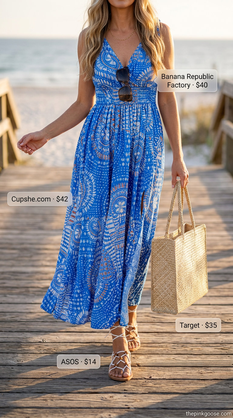 Blue abstract maxi dress: effortless flattering summer outfit for women over 40 2026 for vacation.