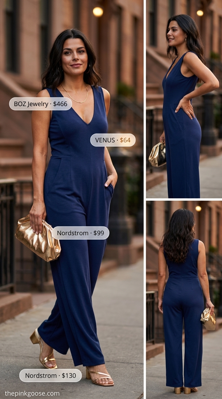 Flattering summer outfit for women over 40 2026: Navy wide-leg jumpsuit, gold heels for evening events.