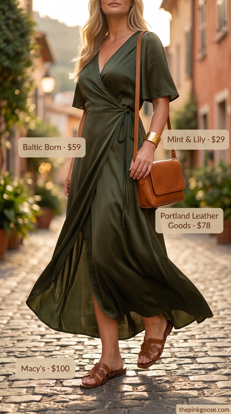 Flattering summer outfit for women over 40 2026: Olive green midi dress, tan slides, gold bracelet for dinner.