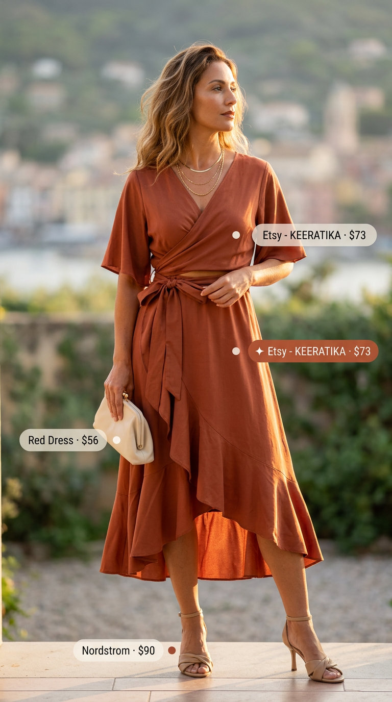 Terracotta wrap dress: elegant flattering summer outfit for women over 40 2026 for date night.