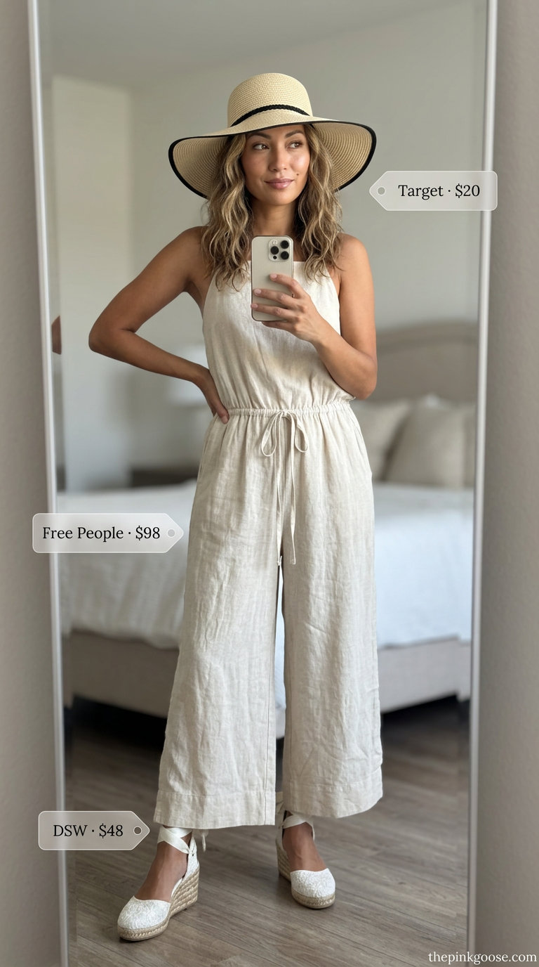 Flattering summer outfit for women over 40 2026: Beige wide-leg jumpsuit, espadrilles, sun hat for casual.