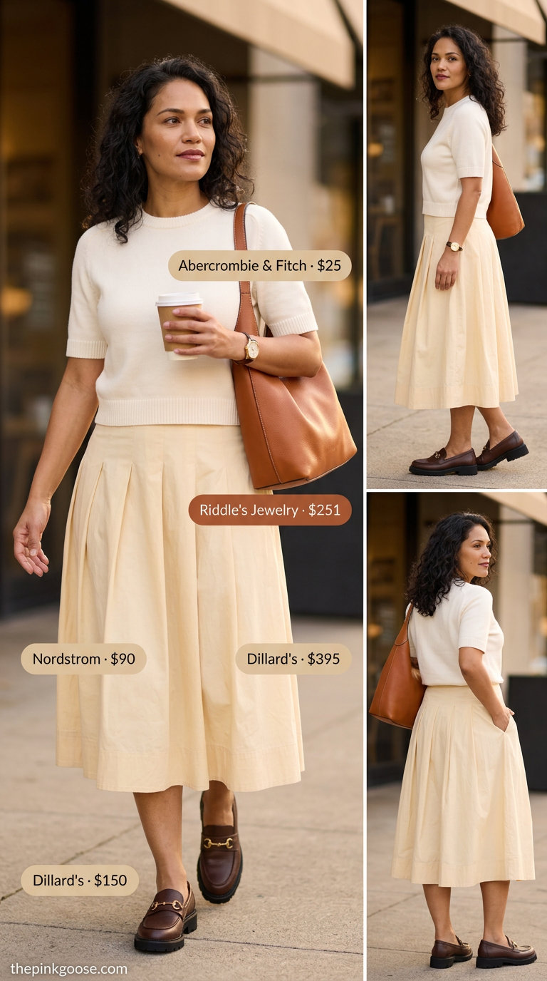 Flattering summer outfit for women over 40 2026: Beige midi skirt, cream top, brown loafers for city exploration.