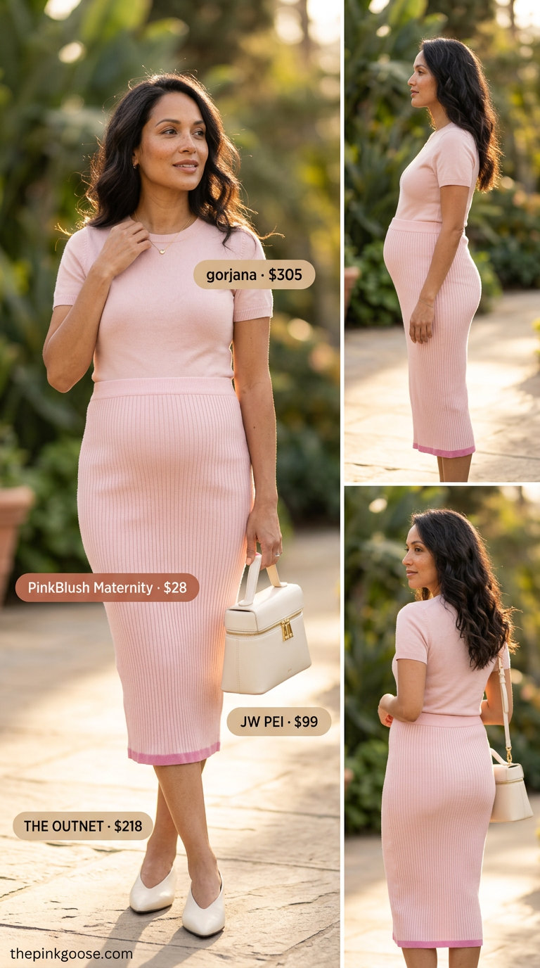 Flattering summer outfit for women over 40 2026: Blush pink knit set, ballet flats for lunch or garden party.