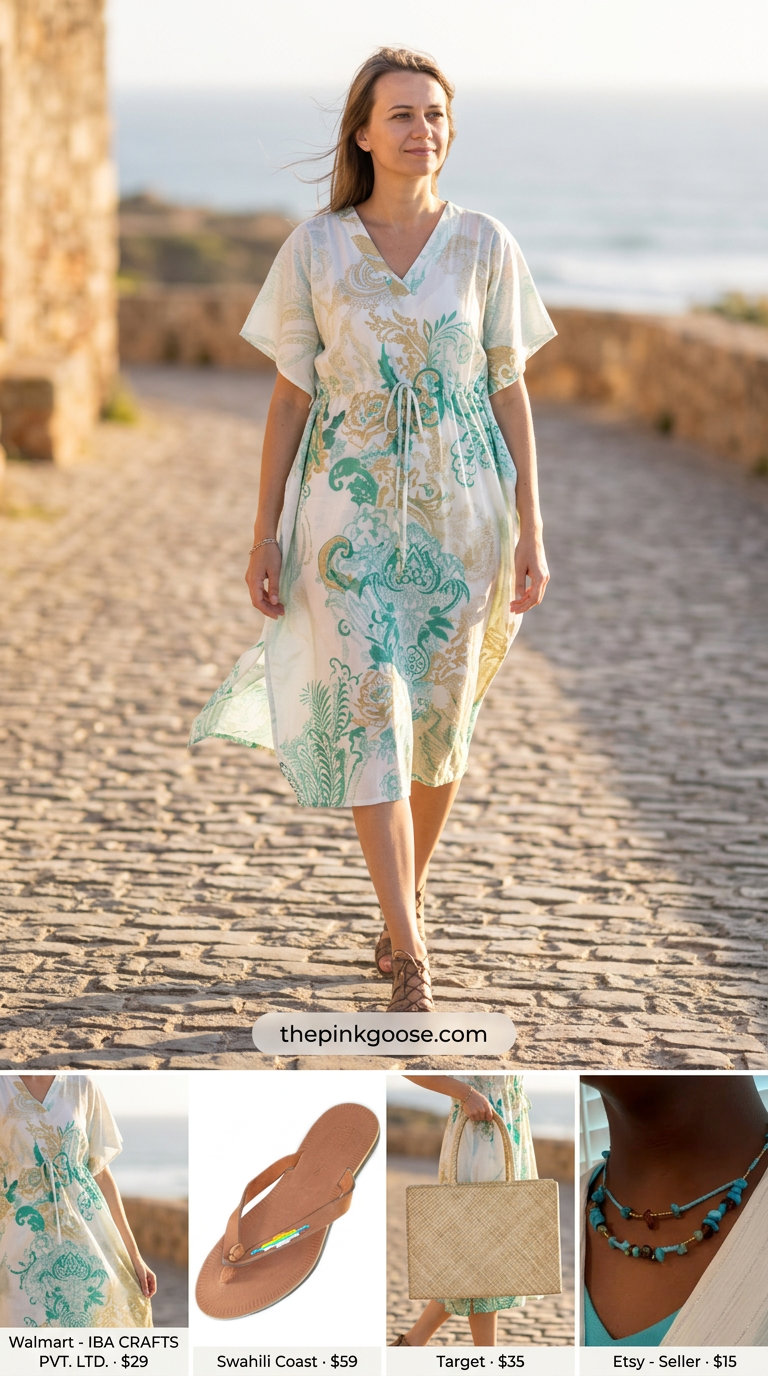 Flattering summer outfit for women over 40 2026: Boho maxi caftan dress, straw tote, beaded sandals for beach.