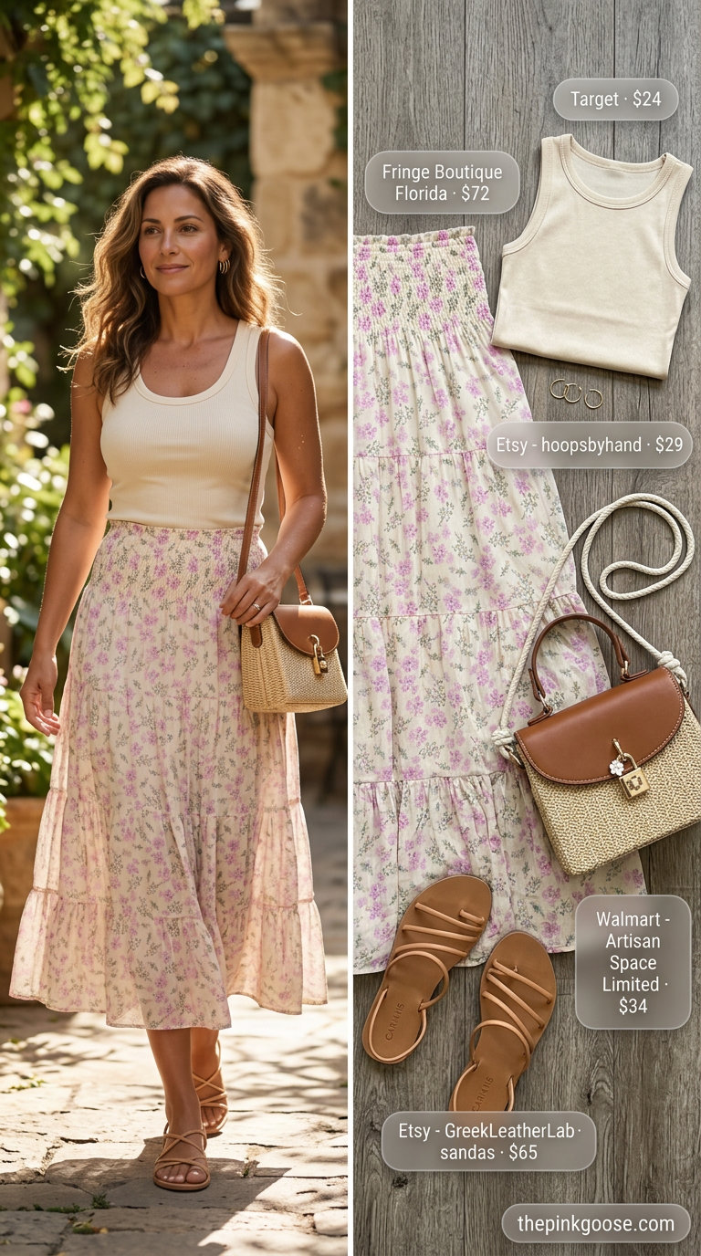 Flattering summer outfit for women over 40 2026: Pastel floral skirt, cream tank, gold hoops for garden party.