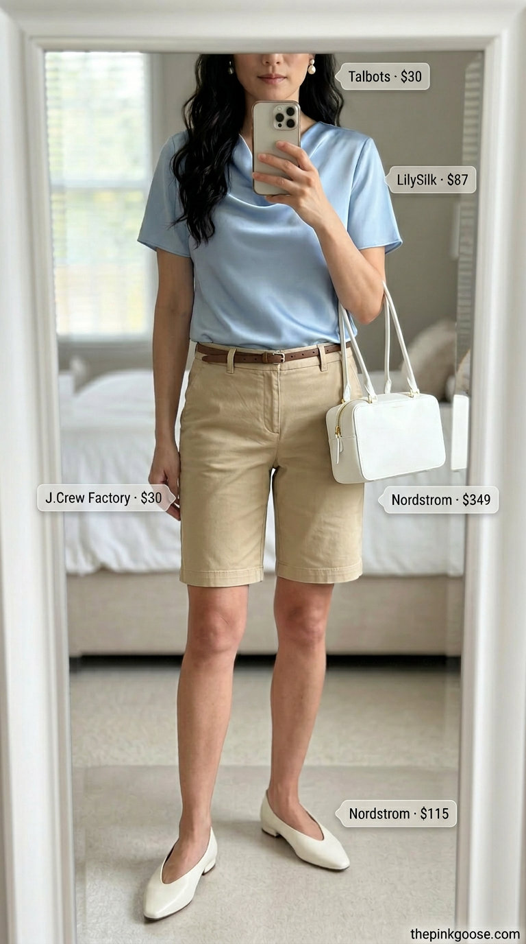Flattering summer outfit for women over 40 2026: Khaki shorts, sky blue silk blouse, white flats for smart casual.