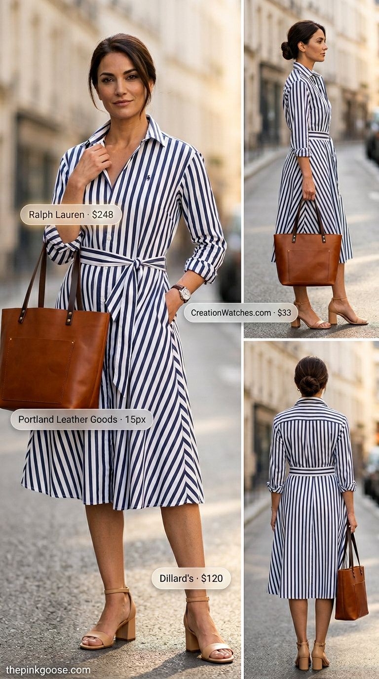 Flattering summer outfit for women over 40 2026: Navy stripe shirtdress, tan sandals, tote bag for casual work.