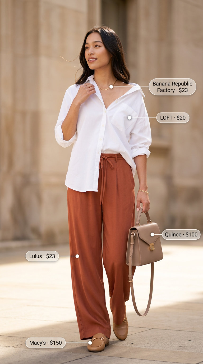 Flattering summer outfit for women over 40 2026: Terracotta linen pants, white shirt, loafers for daytime event.