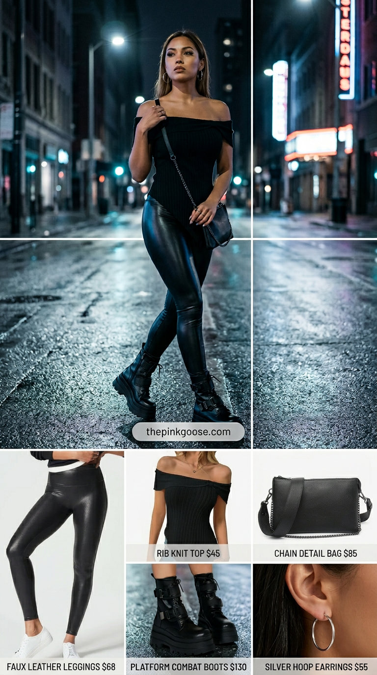 Flowy summer off-shoulder outfits for women 2026: Black off-shoulder top with faux leather leggings for night out.