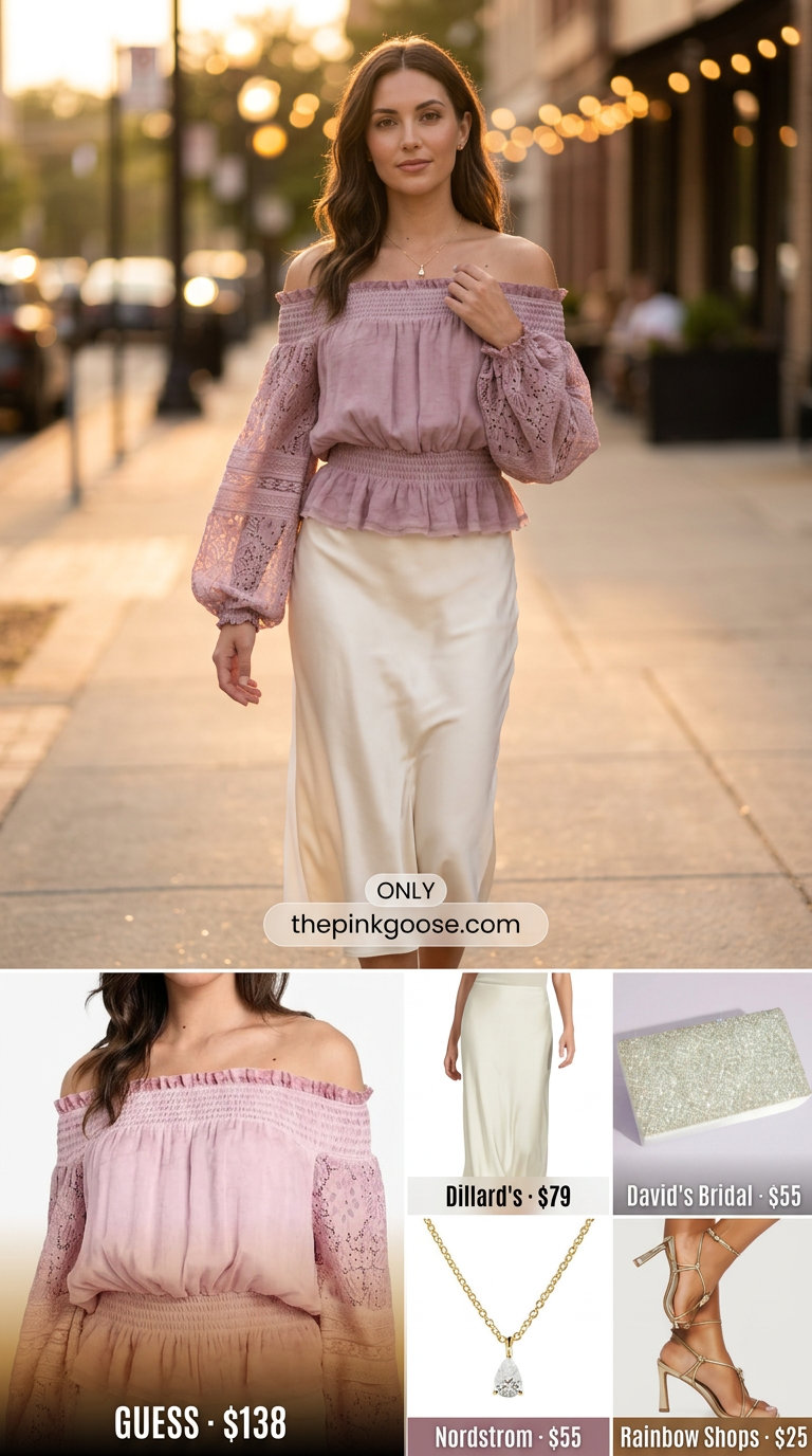 Flowy summer off-shoulder outfits for women 2026: Blush pink off-shoulder blouse with satin midi skirt for date night.