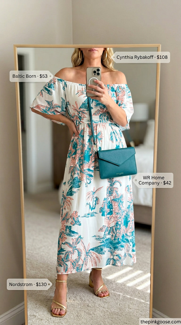 Flowy summer off-shoulder outfits for women 2026: Coral & Teal floral maxi dress for vacation dinner or cocktail party.