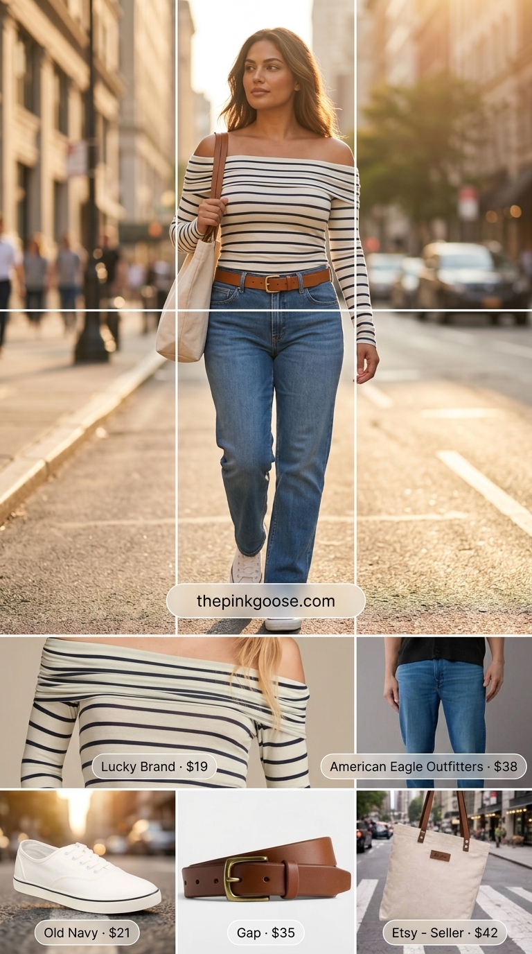 Flowy summer off-shoulder outfits for women 2026: Navy striped off-shoulder tee with denim jeans for casual weekend.