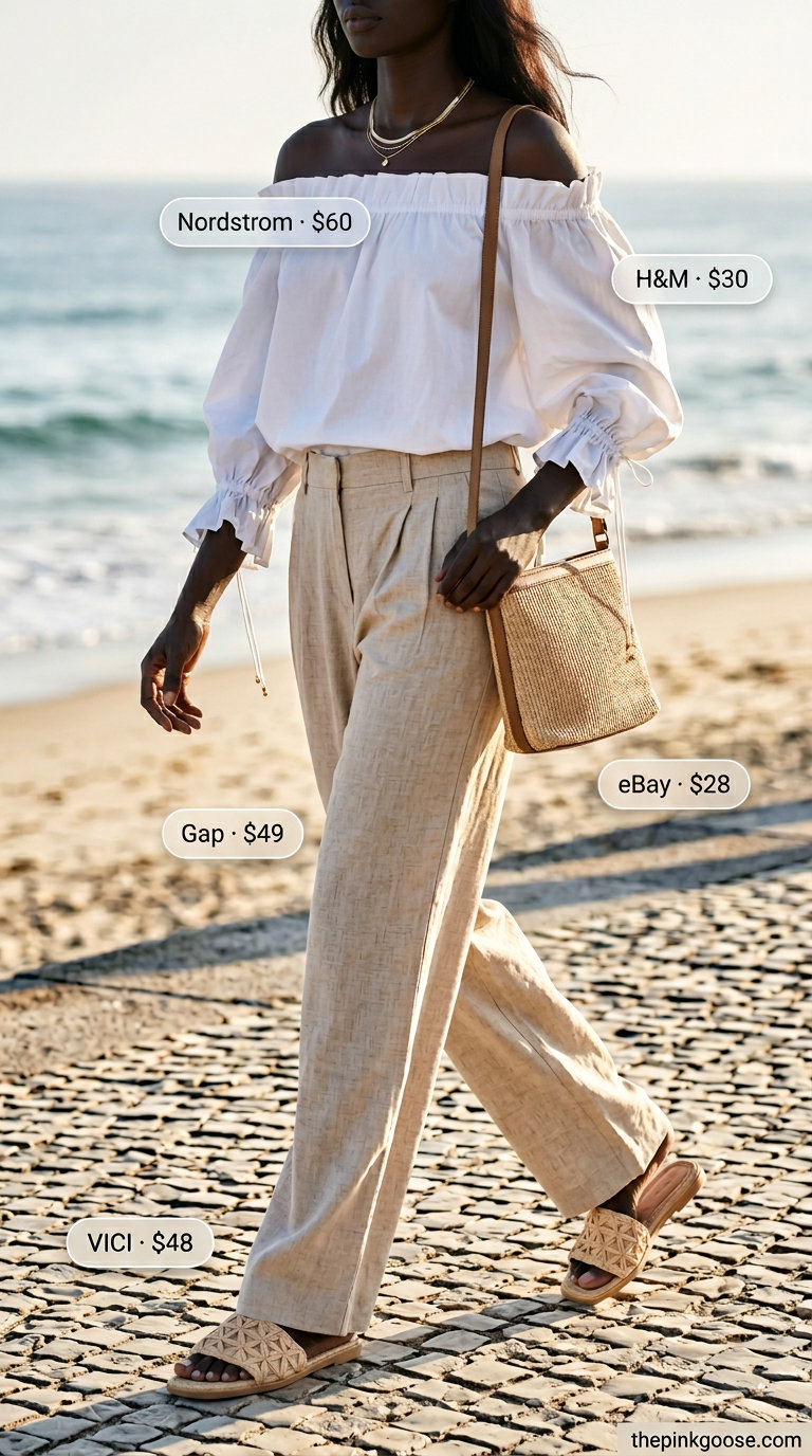Flowy summer off-shoulder outfits for women 2026: White off-shoulder peasant top with linen pants for beach brunch.