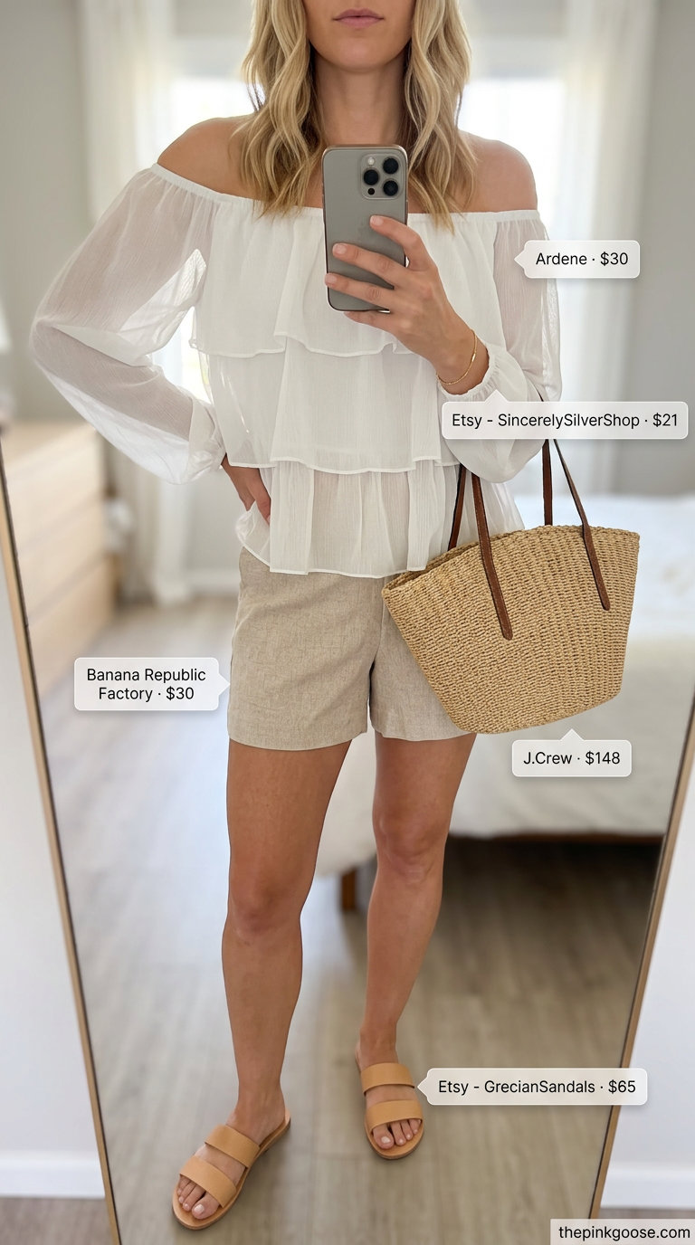 Flowy summer off-shoulder outfits for women 2026: White off-shoulder top with beige linen shorts for beach day.