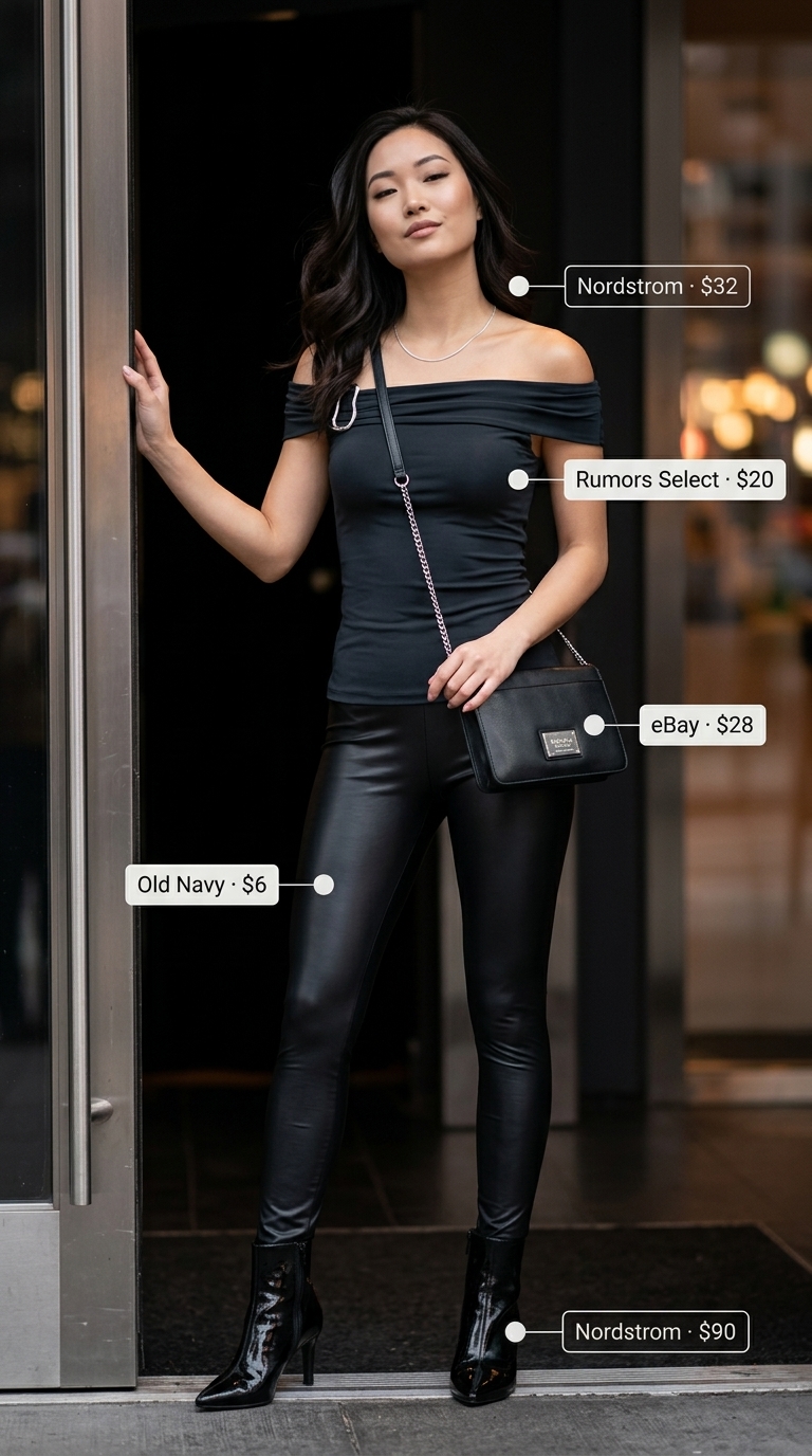 Edgy flowy summer off-shoulder outfits for women 2026: Black top, faux leather leggings for night out.
