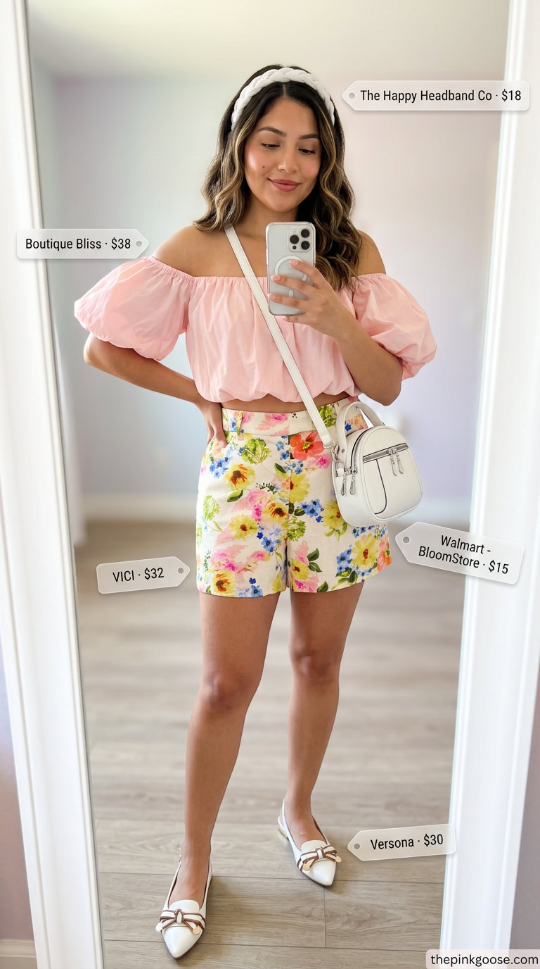 Sweet flowy summer off-shoulder outfits for women 2026: Blush pink crop top, floral shorts for picnics.