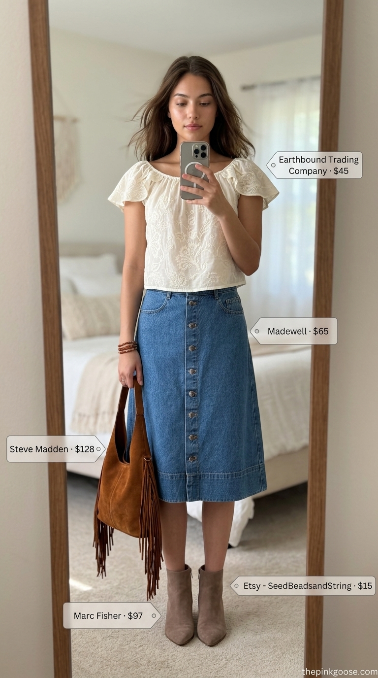 Bohemian flowy summer off-shoulder outfits for women 2026: Cream peasant top, denim midi skirt, suede boots.