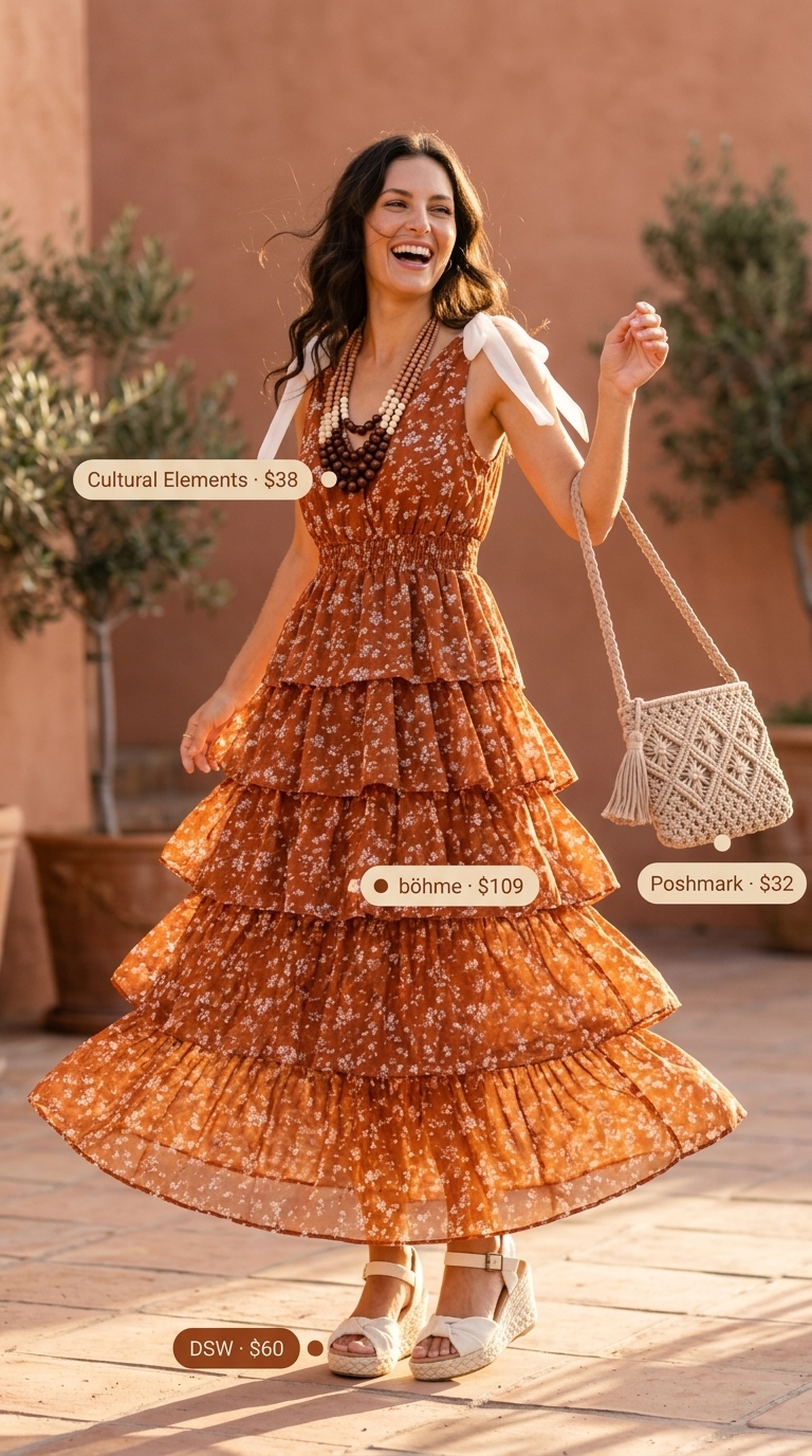 Flowy summer off-shoulder outfits for women 2026: Rust floral maxi dress, espadrilles, and woven bag for a boho vacation evening.