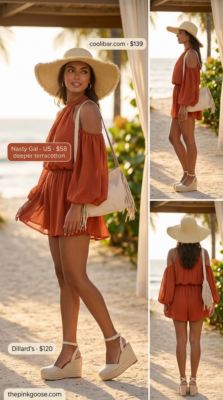 Flowy summer off-shoulder outfits for women 2026: Terracotta off-shoulder romper, espadrilles, and straw hat for a boho beach day.