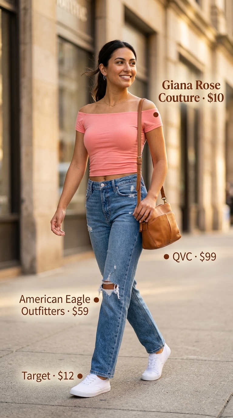 Flowy summer off-shoulder outfits for women 2026: Coral off-shoulder tee, distressed jeans, and sneakers for a casual day.