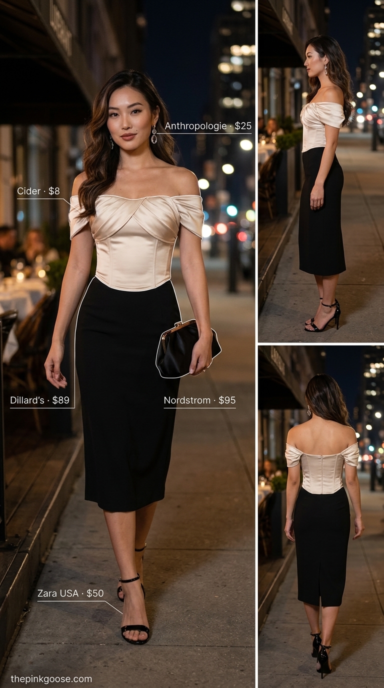 Sophisticated flowy summer off-shoulder outfits for women 2026: Champagne top, black pencil skirt for formal dinners.