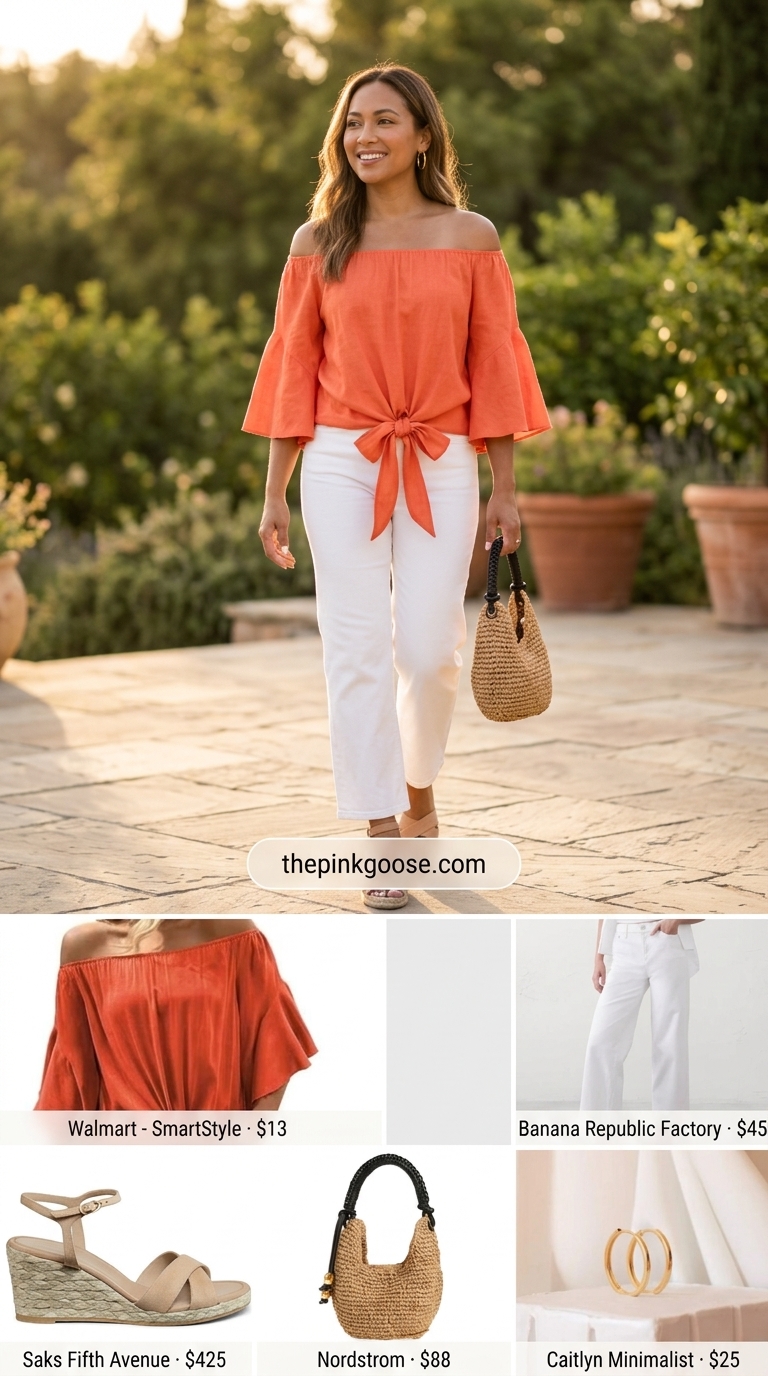 Flowy summer off-shoulder outfits for women 2026: Coral orange top, white jeans, straw bag for a casual evening.