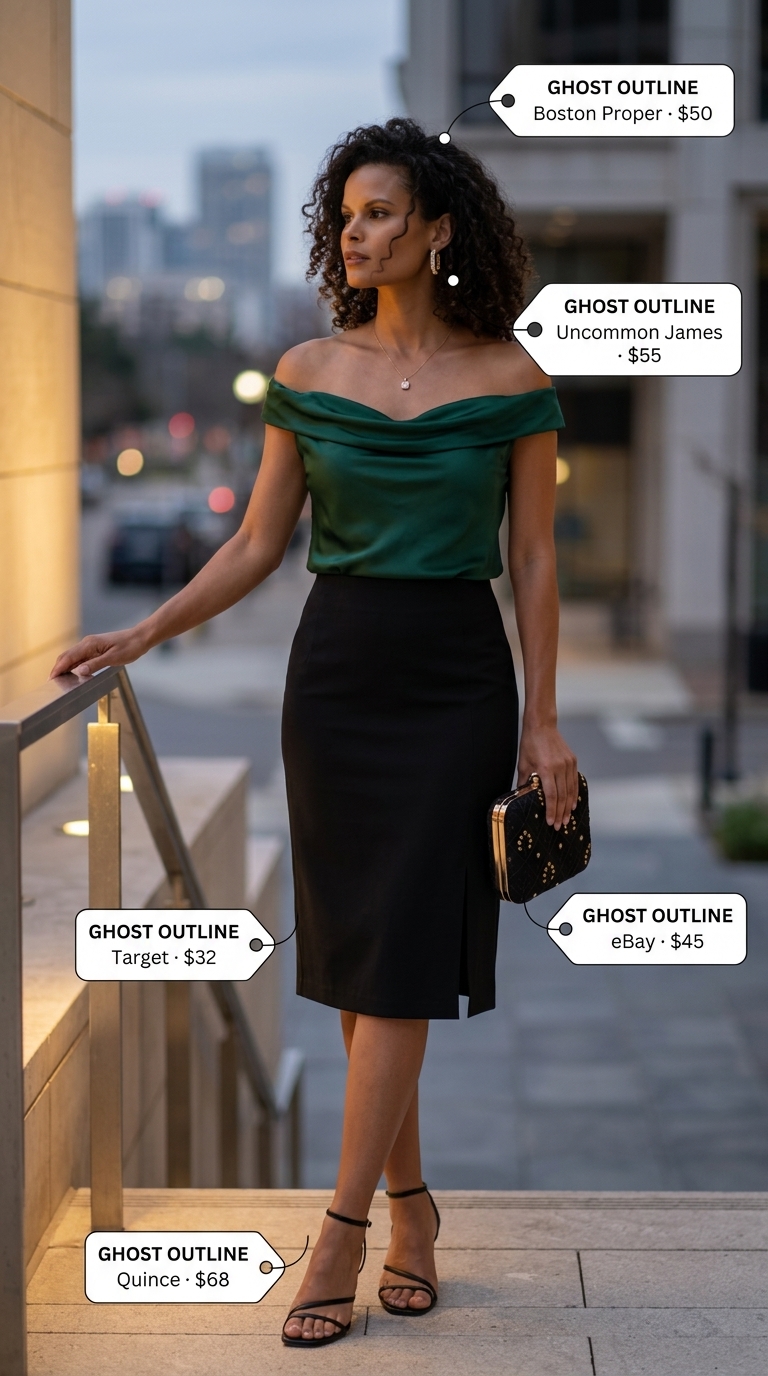 Elegant flowy summer off-shoulder outfits for women 2026: Emerald green top, black pencil skirt for formal events.