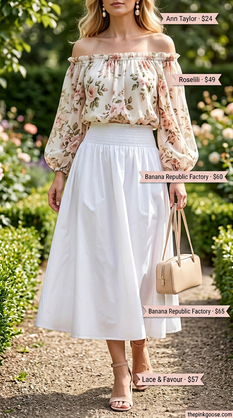 Flowy summer off-shoulder outfits for women 2026: Blush pink floral off-shoulder top, ivory midi skirt, and pearl earrings for a garden party.