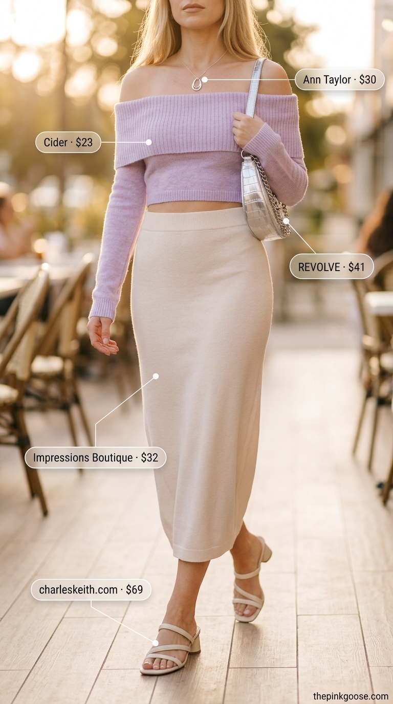 Chic flowy summer off-shoulder outfits for women 2026: Lavender set for brunch or weddings.