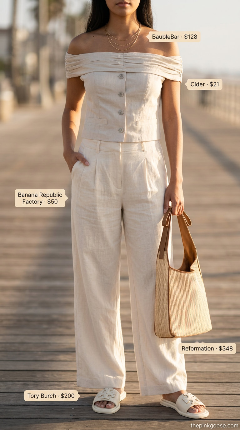 Flowy summer off-shoulder outfits for women 2026: Beige linen pants, off-shoulder top, and gold jewelry for a resort event.