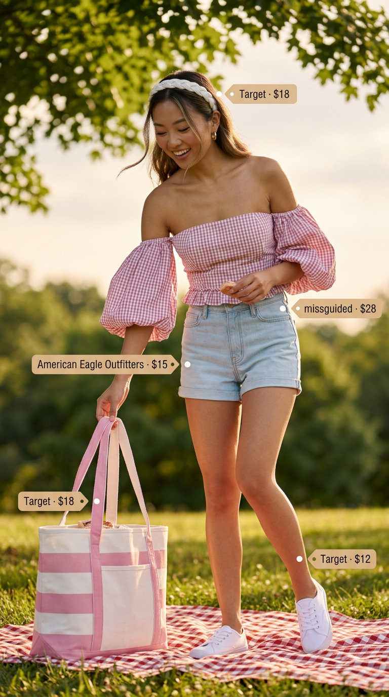 Flowy summer off-shoulder outfits for women 2026: Pink gingham off-shoulder blouse, denim shorts, and sneakers for a picnic.