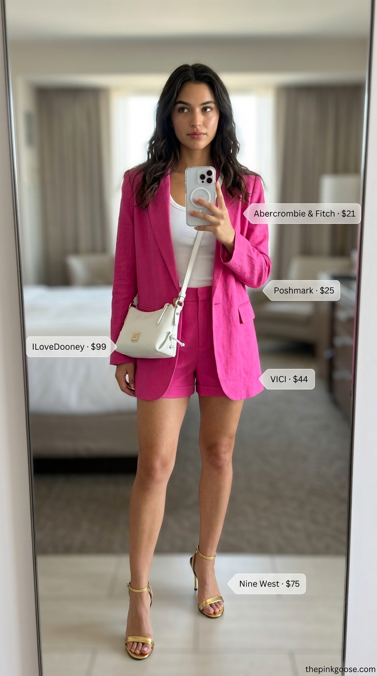 Glam summer birthday outfit for women 2026: Fuchsia blazer, shorts, white tank, gold sandals, and white crossbody.