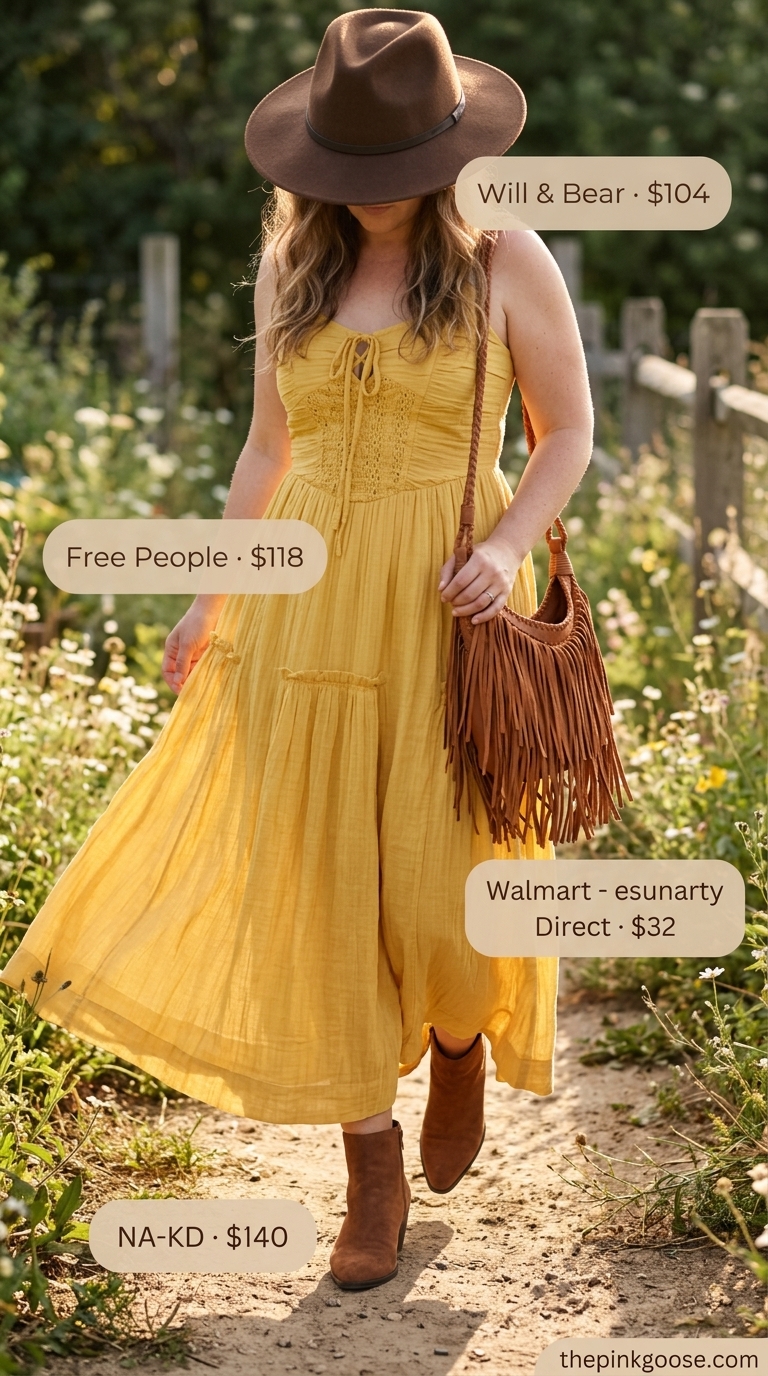 Glam summer birthday outfit for women 2026: Mustard yellow paisley maxi dress, felt hat, suede boots, and fringe bag.