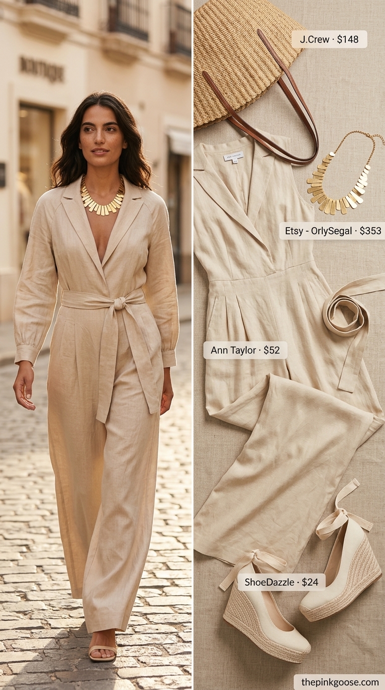 Glam summer birthday outfit for women 2026: Chic beige linen jumpsuit with gold necklace and espadrille wedges.