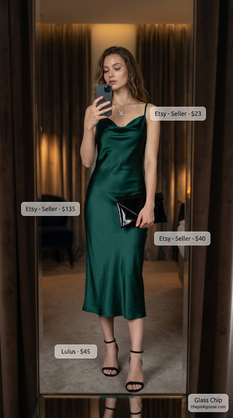 Glam summer birthday outfit for women 2026: Emerald green satin slip dress, black sandals, silver necklace, black clutch.