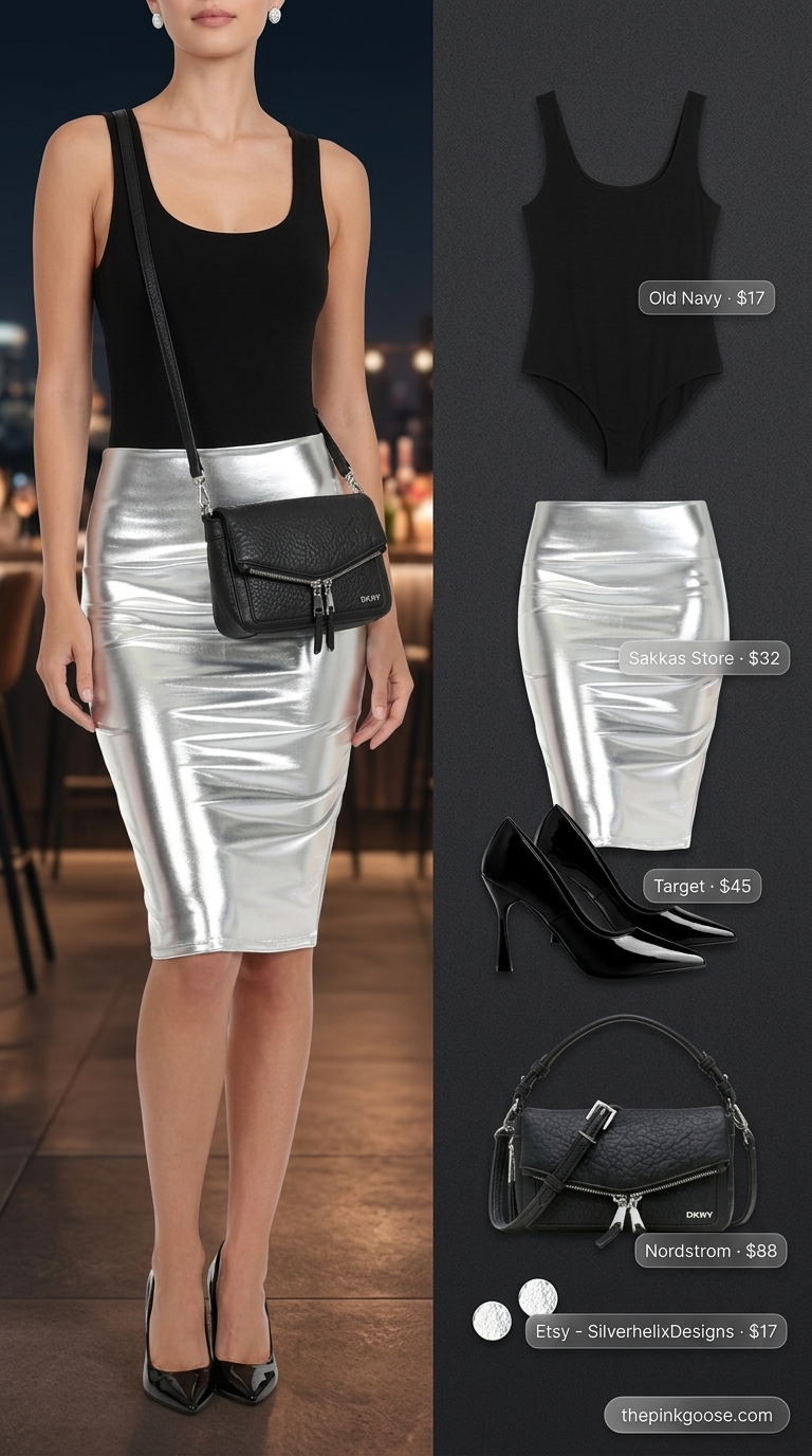 Glam summer birthday outfit for women 2026: Silver metallic midi skirt, black bodysuit, stiletto heels, and silver earrings.